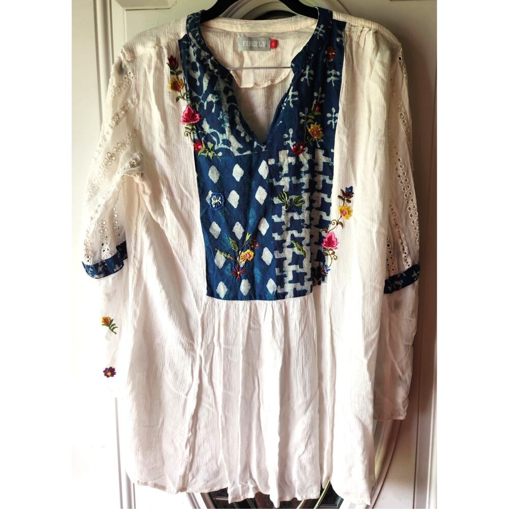 Firefly Boho Tunic Top Womens Embroidered Floral Blue Cream Peasant Blouse Med